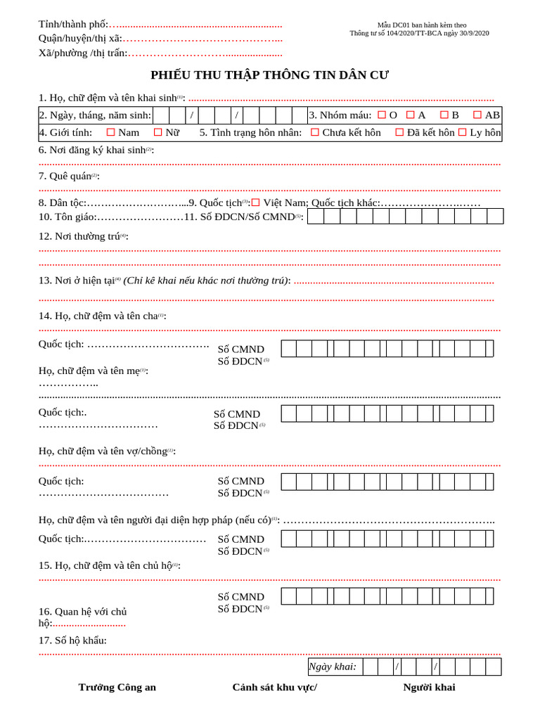Phieu Thu Thap Thong Tin Dan Cu | PDF