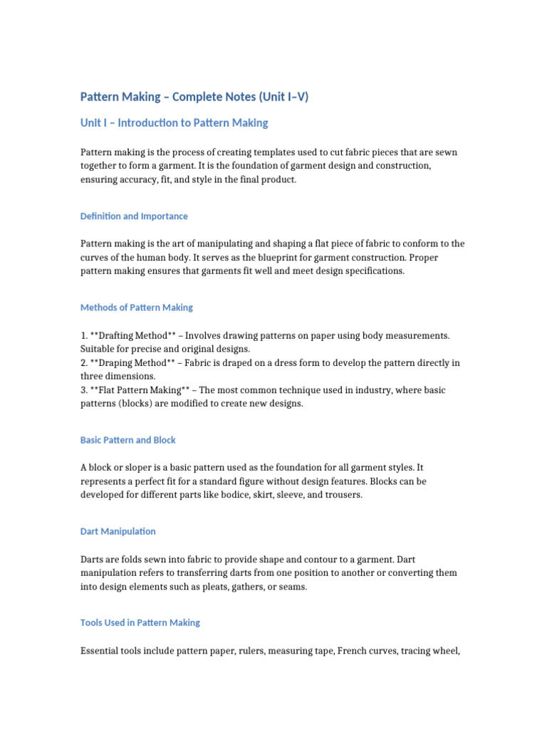 Pattern Making Notes and Techniques | PDF | Clothing | Fashion