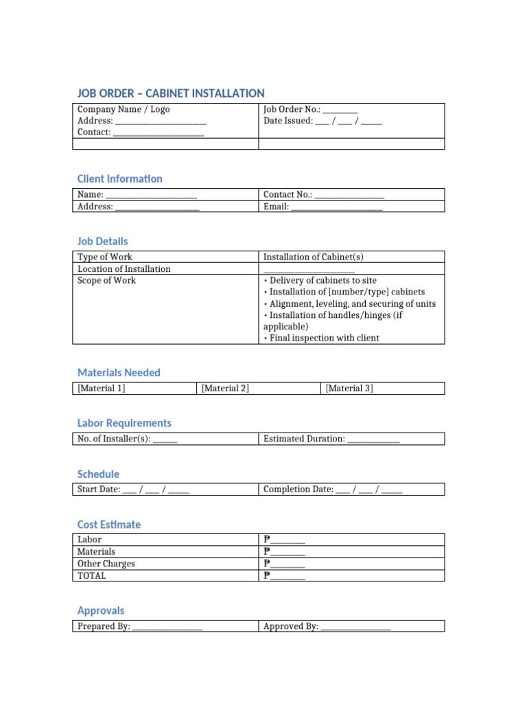 Job Order Cabinet Installation | PDF