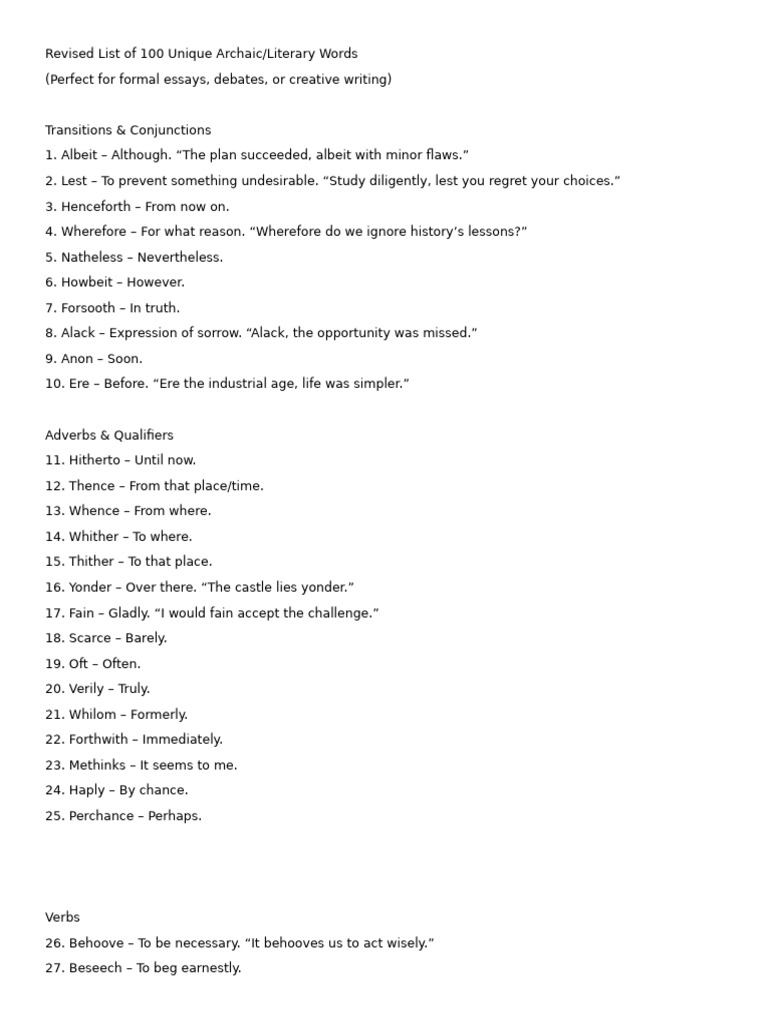 100 Unique Archaic Words for Writing | PDF