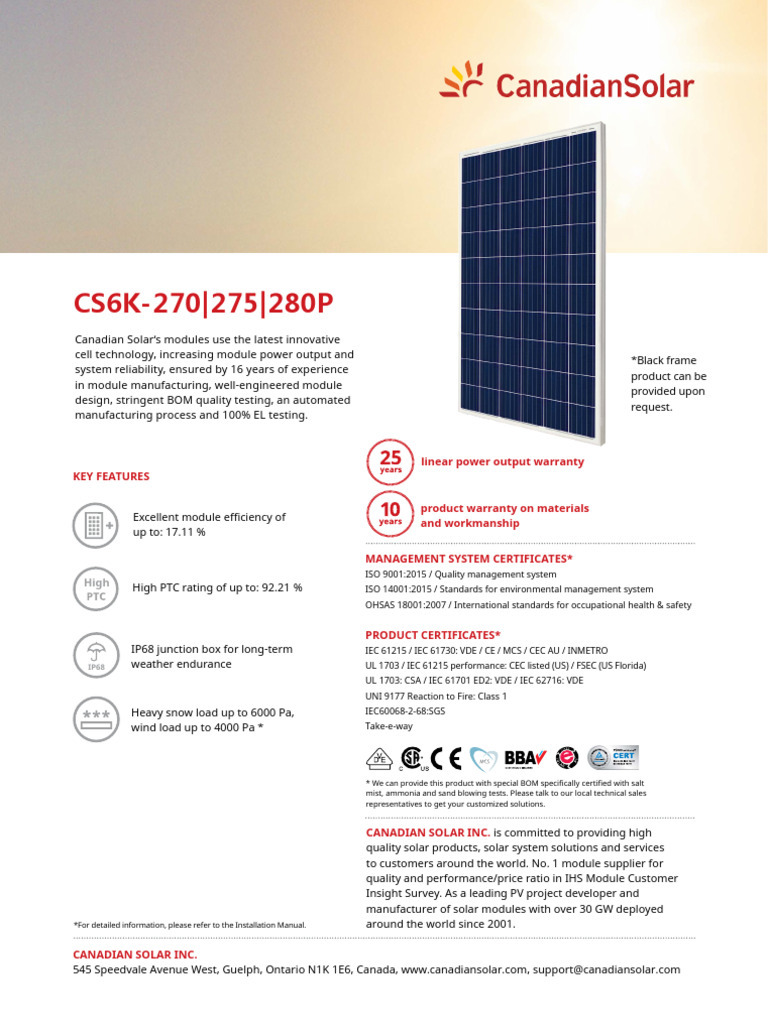 Canadian Solar CS6K Series Module Specs | PDF | Solar Panel ...