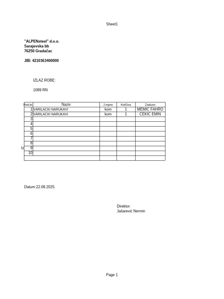 Izlaz Robe Tabela 2025 | PDF