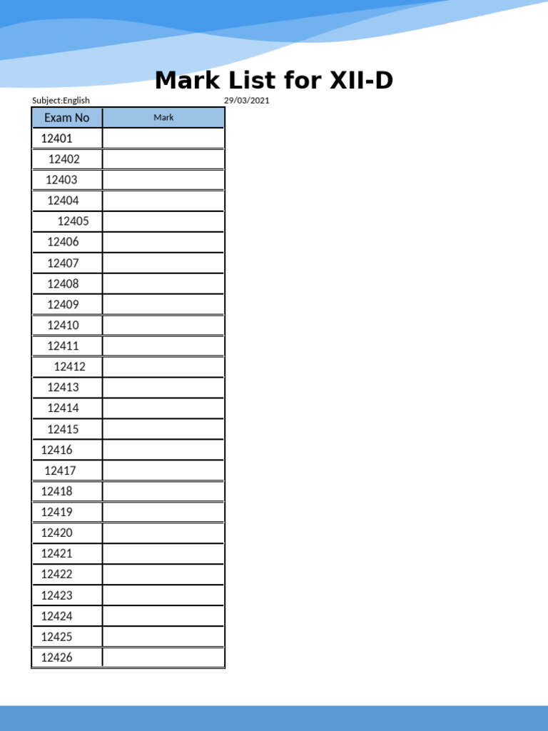 XII-D English Exam Marks List | PDF