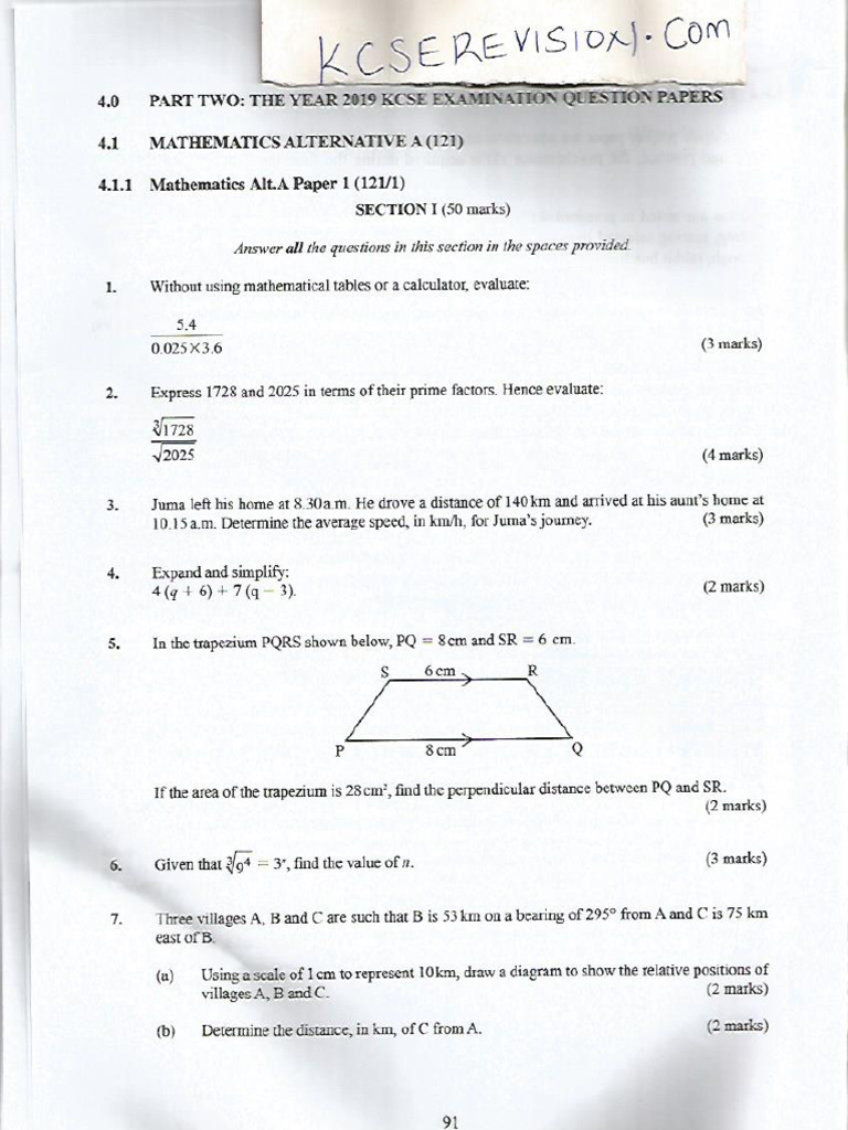 2019 Kcse Knec Mathematics Alt A Paper 1 Q-1 | PDF