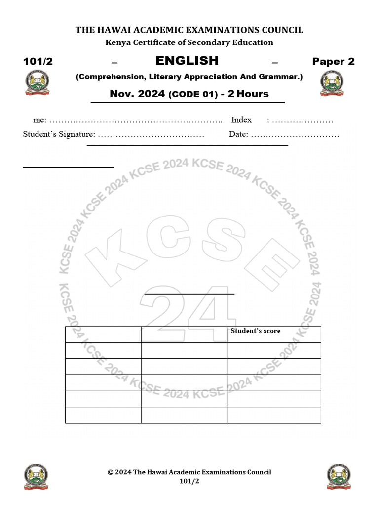 Hawai Kcse 2024 Eng Pp2 Qs - Code 01 | PDF | Learning | Linguistics