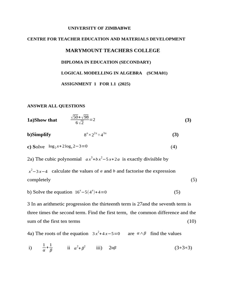 Algebra Assignment for Diploma Students | PDF | Equations | Factorization