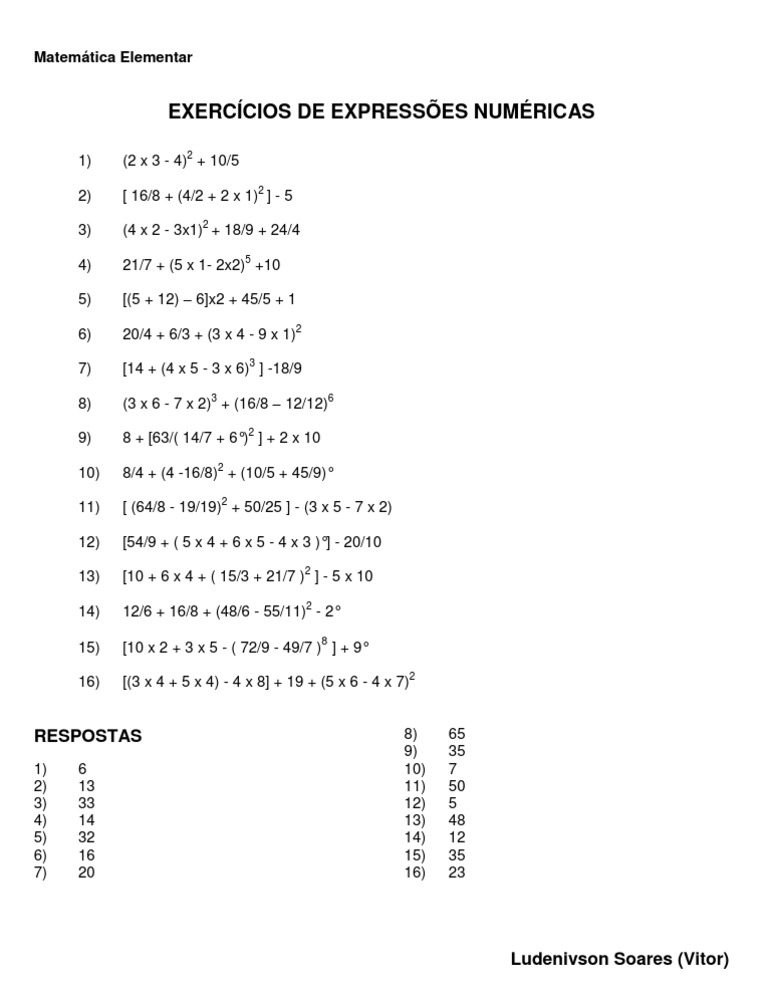 Expressões Numéricas Com Números Inteiros Exercicios 7 Ano Doc