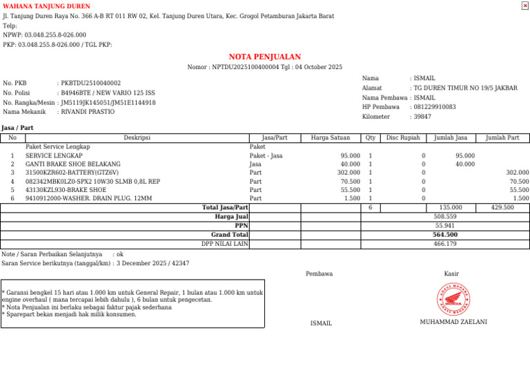 Nota Servis Motor Honda 2025 | PDF