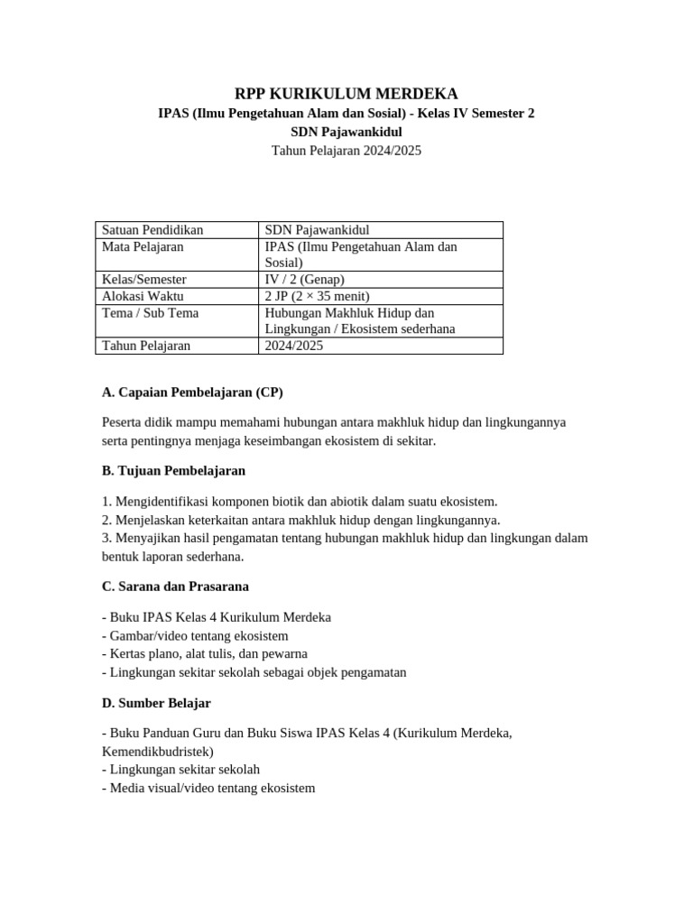 RPP IPAS Kelas IV: Ekosistem Sederhana | PDF