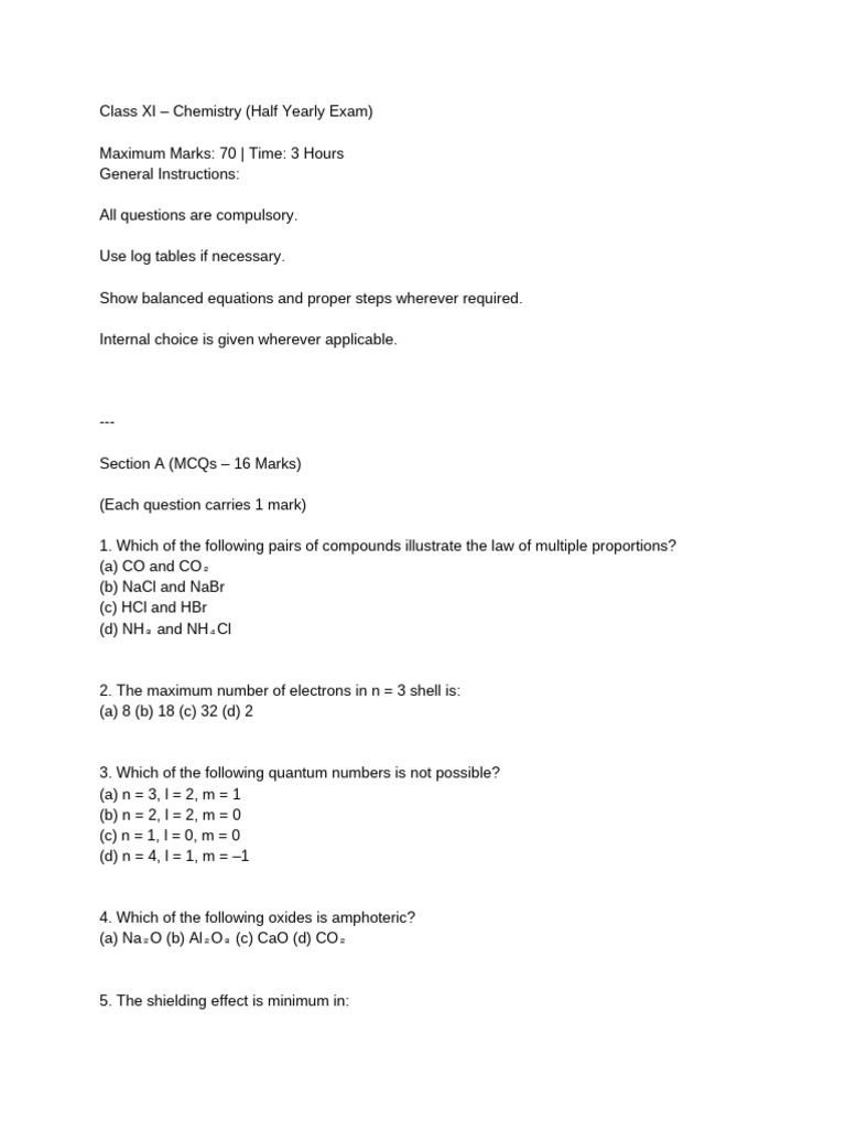 Class XI Chemistry Half-Yearly Exam Guide | PDF | Chemical Bond | Mole ...