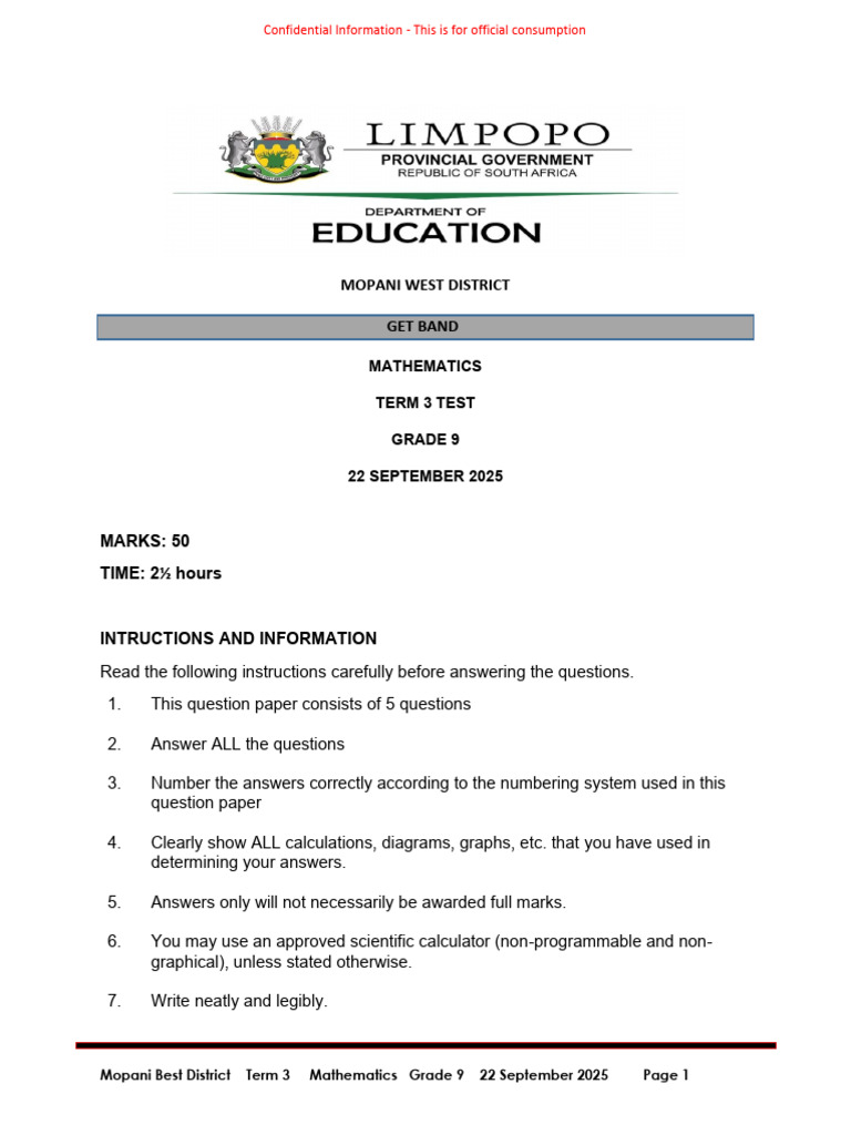 Grade 9 Term 3 Maths Test 2025 | PDF | Triangle | Elementary Mathematics