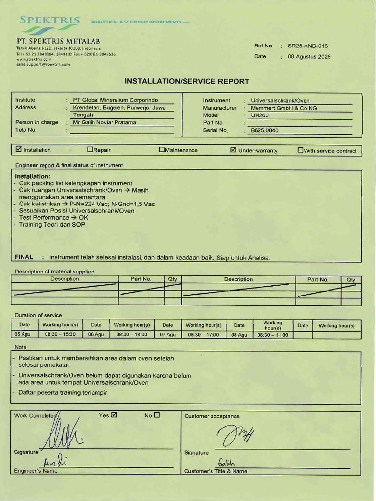 Installation Report for UN260 Oven | PDF