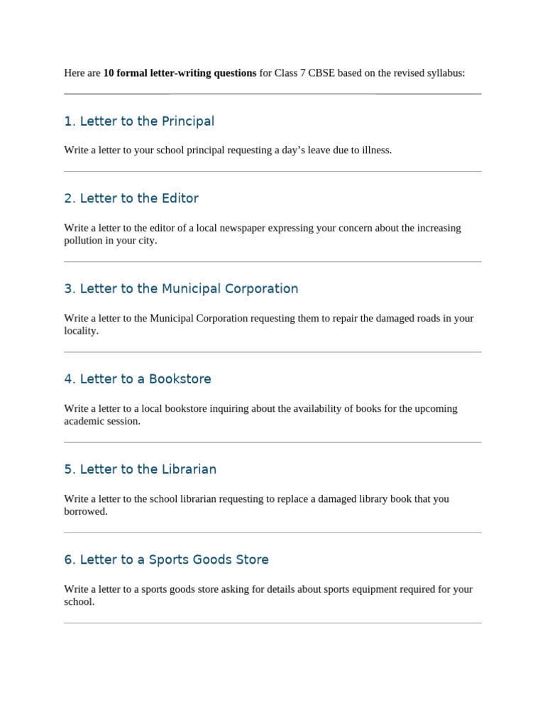 Letter To The Principal: 10 Formal Letter-Writing Questions | PDF