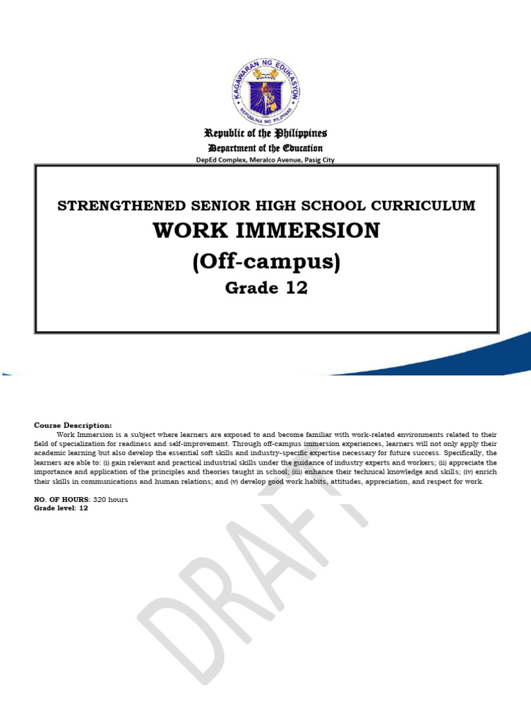 Grade 12 Work Immersion Curriculum Guide | PDF | Learning | Skill