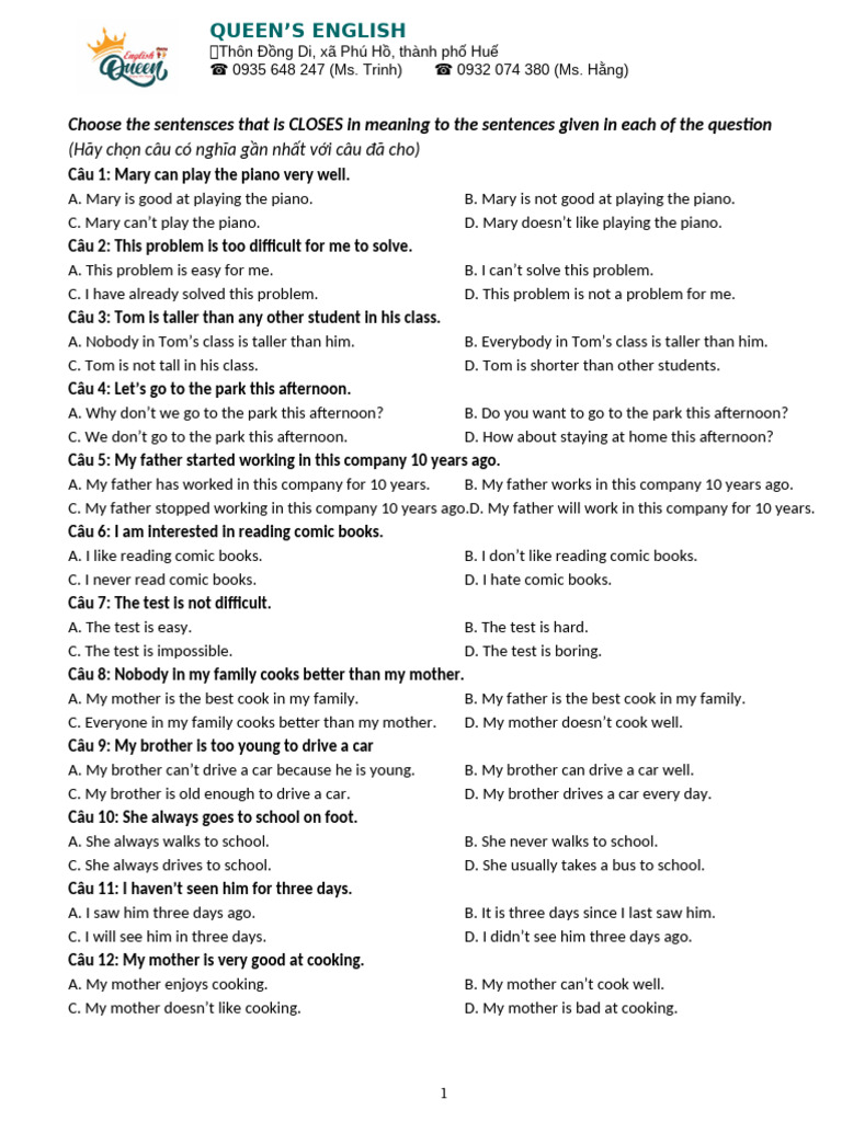 Answer Key for English Sentences | PDF