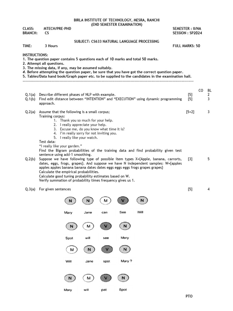 MTech NLP Exam Paper - BIT Mesra SP2024 | PDF | Applied Mathematics ...