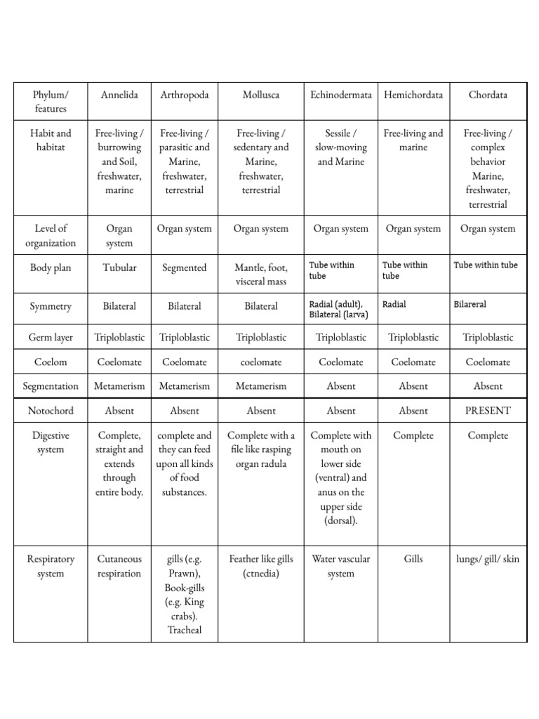 Overview of Animal Phyla Characteristics | PDF | Mollusca | Zoology