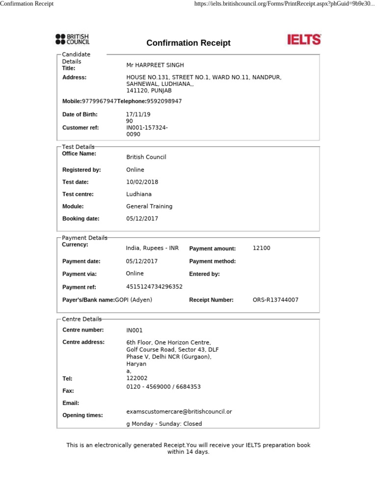 IELTS Test Receipt for Harpreet Singh | PDF | Receipt | Payments