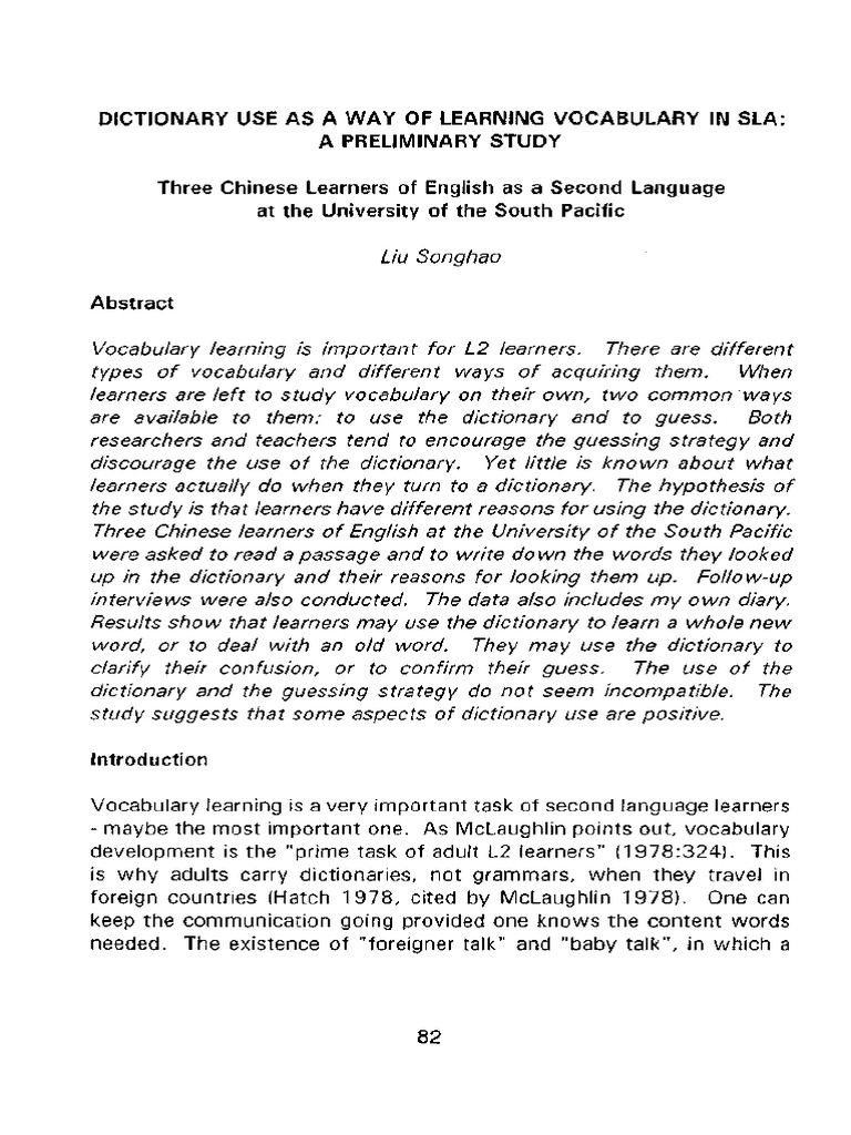 Dictionary Use As A Way of Learning Vocabulary in Sla: A Preliminary ...