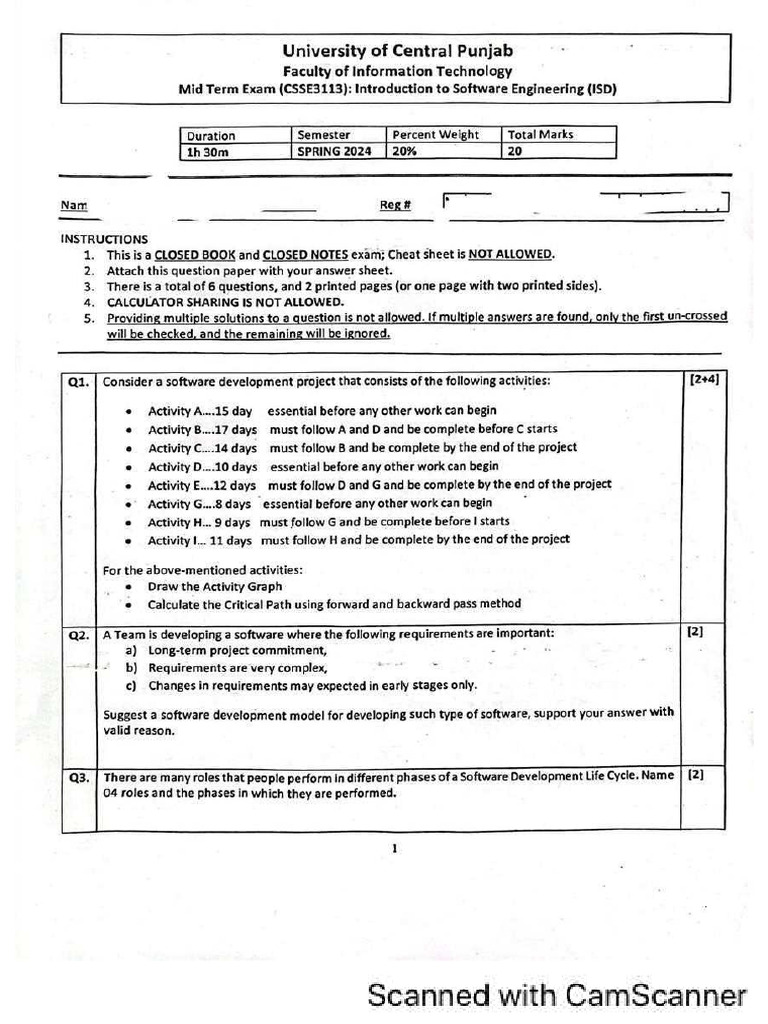 Software Engineering (SE) Mid Term Spring 2024 | PDF