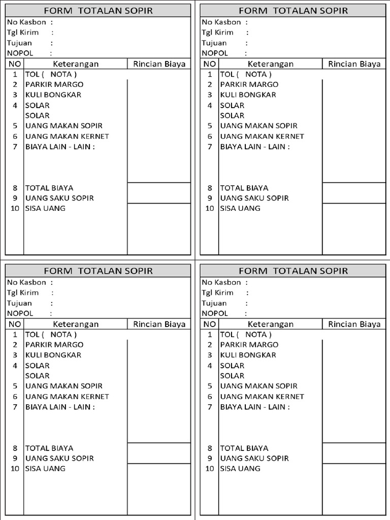 Nota A5 Sopir | PDF