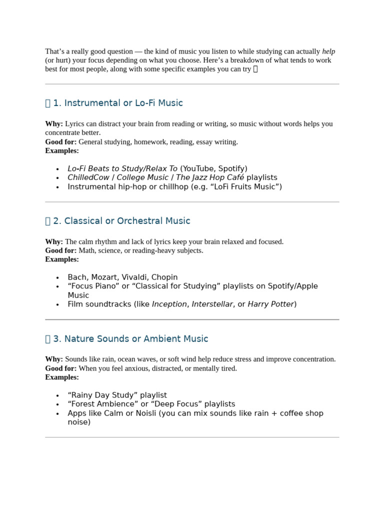 Best Music Playlists for Study Focus | PDF
