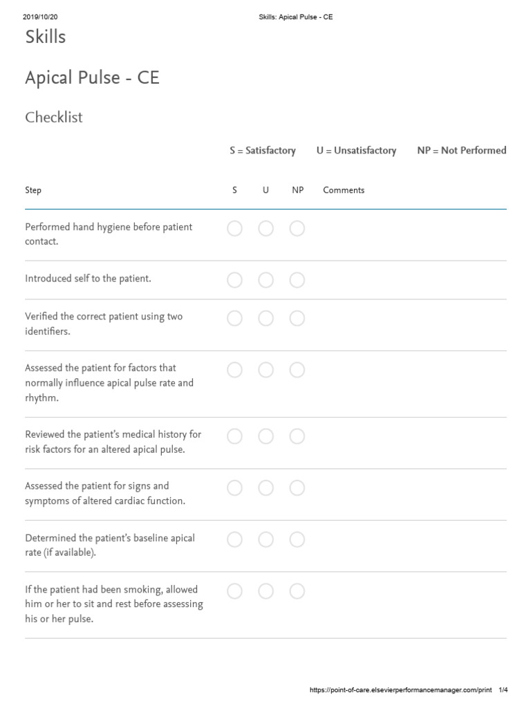Apical Pulse Assessment Checklist | PDF | Heart | Pulse