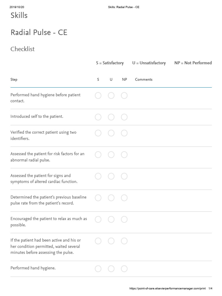 Radial Pulse Assessment Checklist | PDF | Pulse | Arm