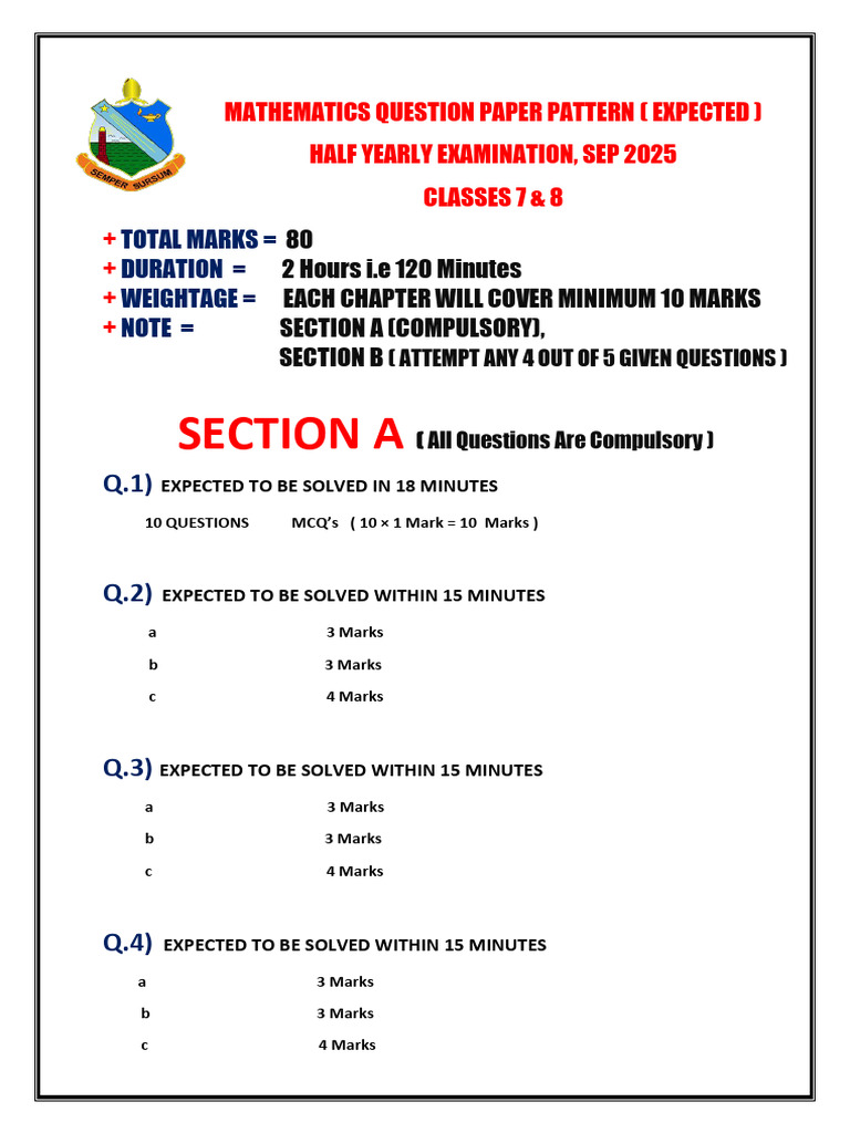 Mathematics Exam Pattern for Classes 7 & 8 | PDF