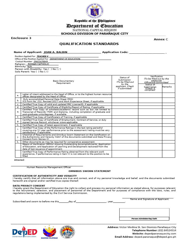 Teacher V Application Qualification Standards | PDF