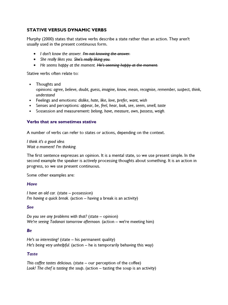 Understanding Stative and Dynamic Verbs | PDF | Thought | Feeling