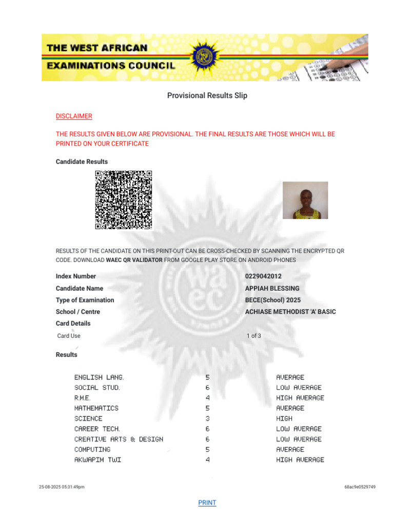 Provisional BECE Results Slip 2025 | PDF