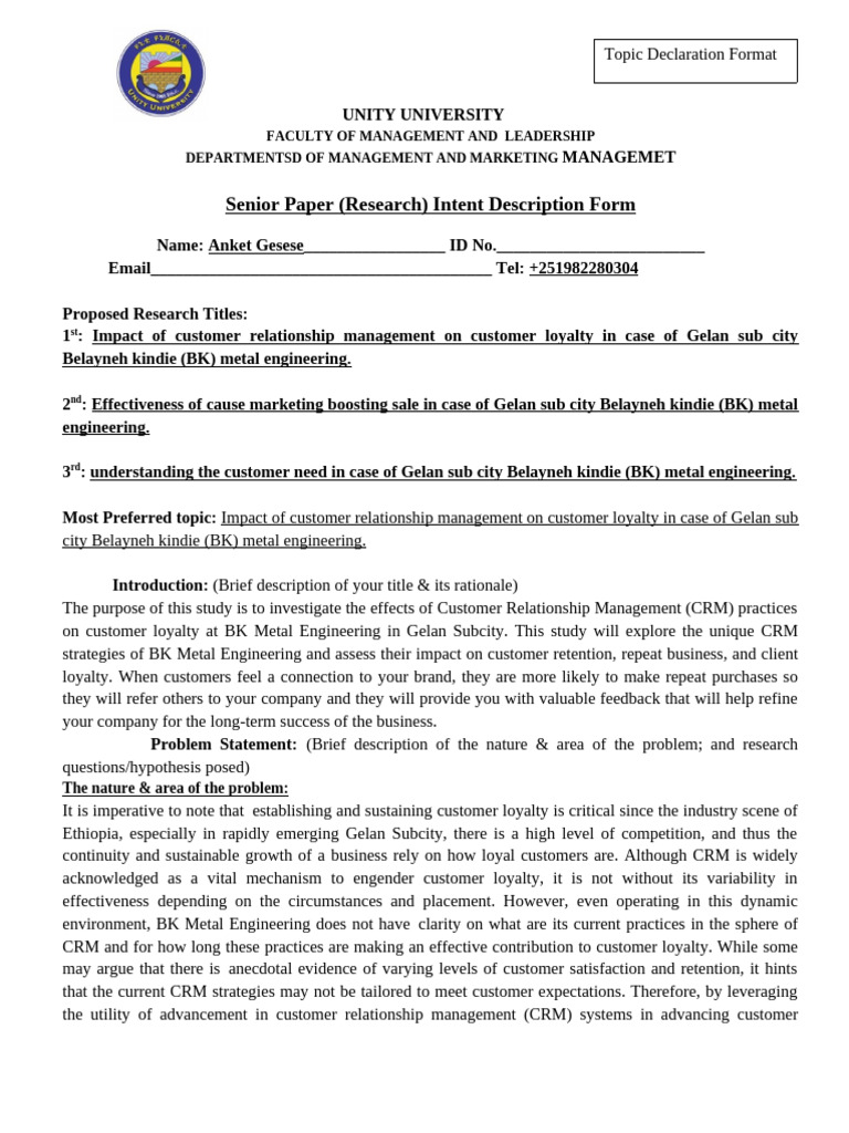 Topic Declaration Format (Senior Essay) | PDF | Customer Relationship ...