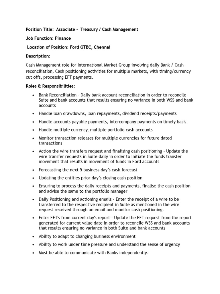 Job Description For Treasury | PDF