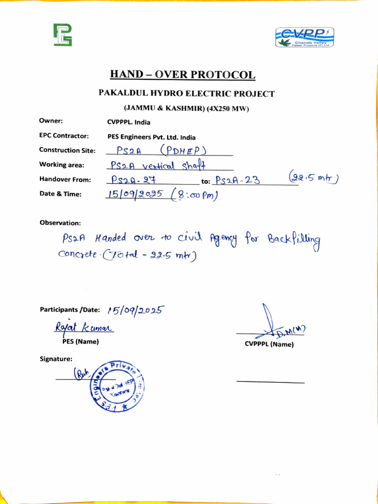 Handover Protocol for Pakaldul Hydro Project | PDF