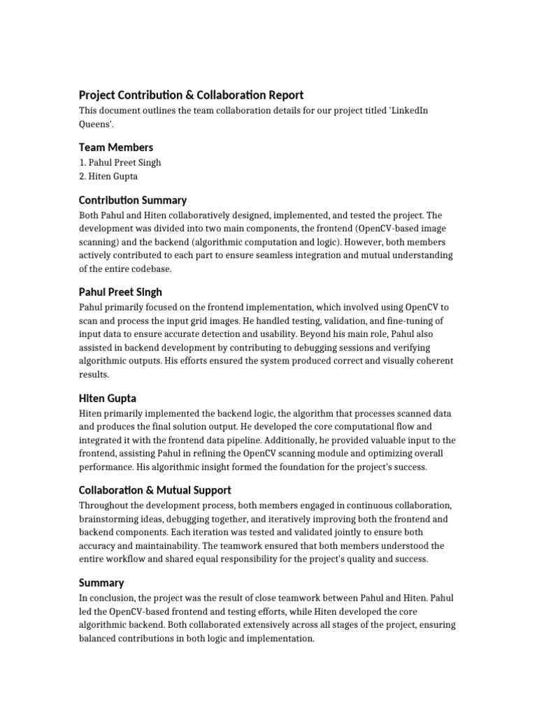 Project Contribution Report Pahul Hiten | PDF