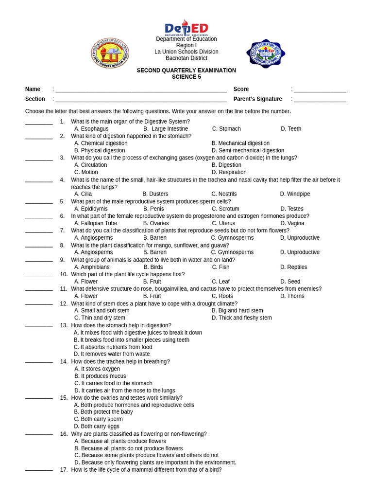 Science 5 Quarterly Exam Questions | PDF | Reproductive System | Foods