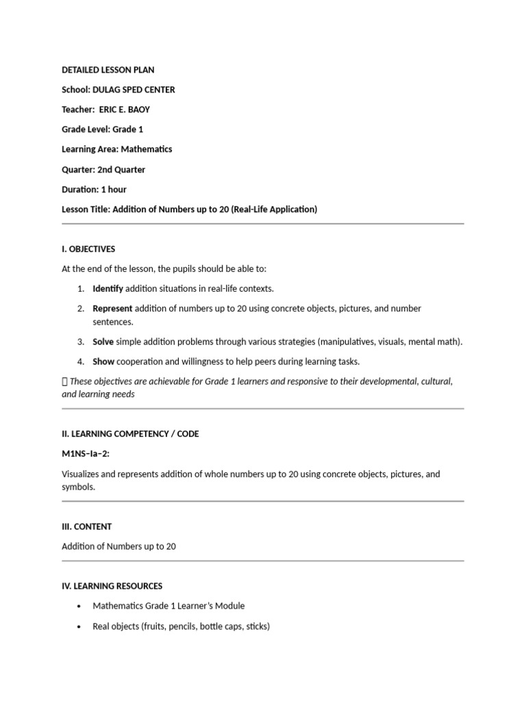 Addition Lesson Plan for Grade 1 | PDF | Lesson Plan | Learning