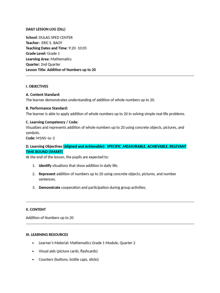 Grade 1 Math: Addition up to 20 Lesson | PDF | Learning | Human ...