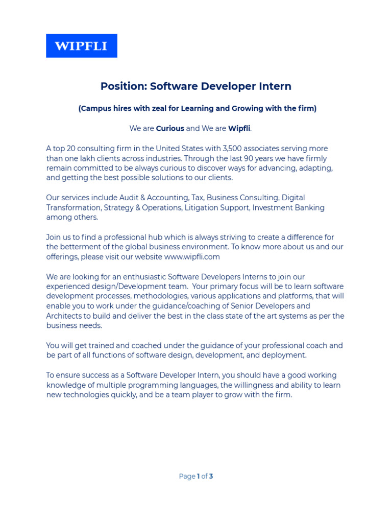 Wipfli Software Developer Intern Role | PDF | Software Development ...