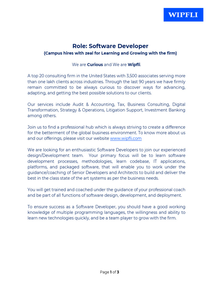 Software Developer Position at Wipfli | PDF | Software Development ...