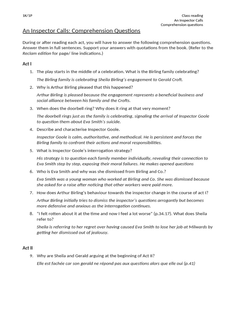 Comprehension Questions for An Inspector Calls | PDF