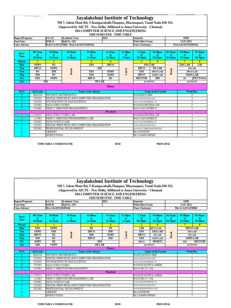 CSE & IT ODD SEMESTER Timetable 2025 | PDF | Science | Computing