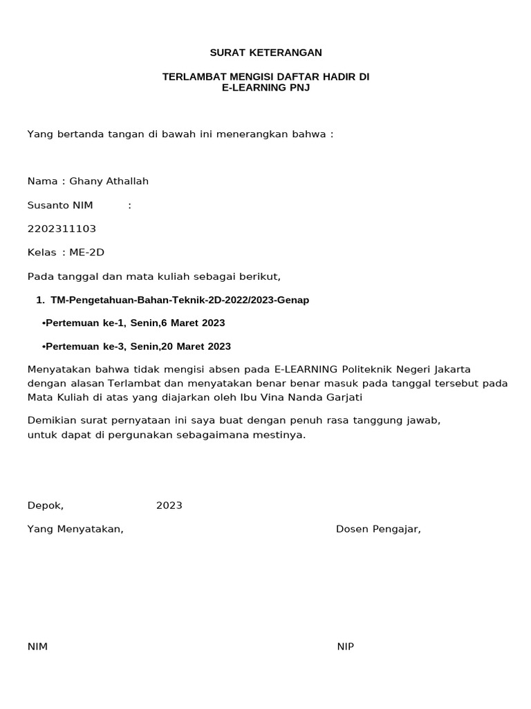 Surat Keterangan Terlambat Absen E-Learning | PDF