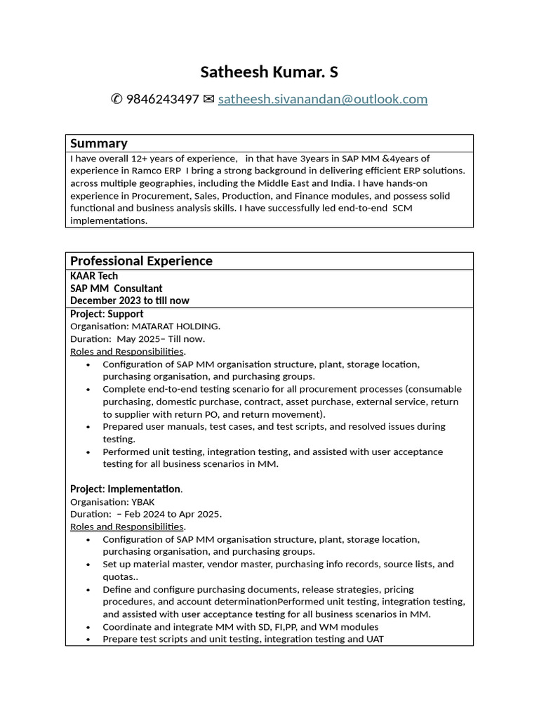 Satheesh Kumar CV Updated | PDF | Enterprise Resource Planning | Supply ...