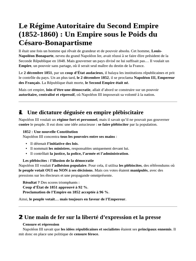 Régime Autoritaire du Second Empire | PDF | Napoléon | Troisième ...