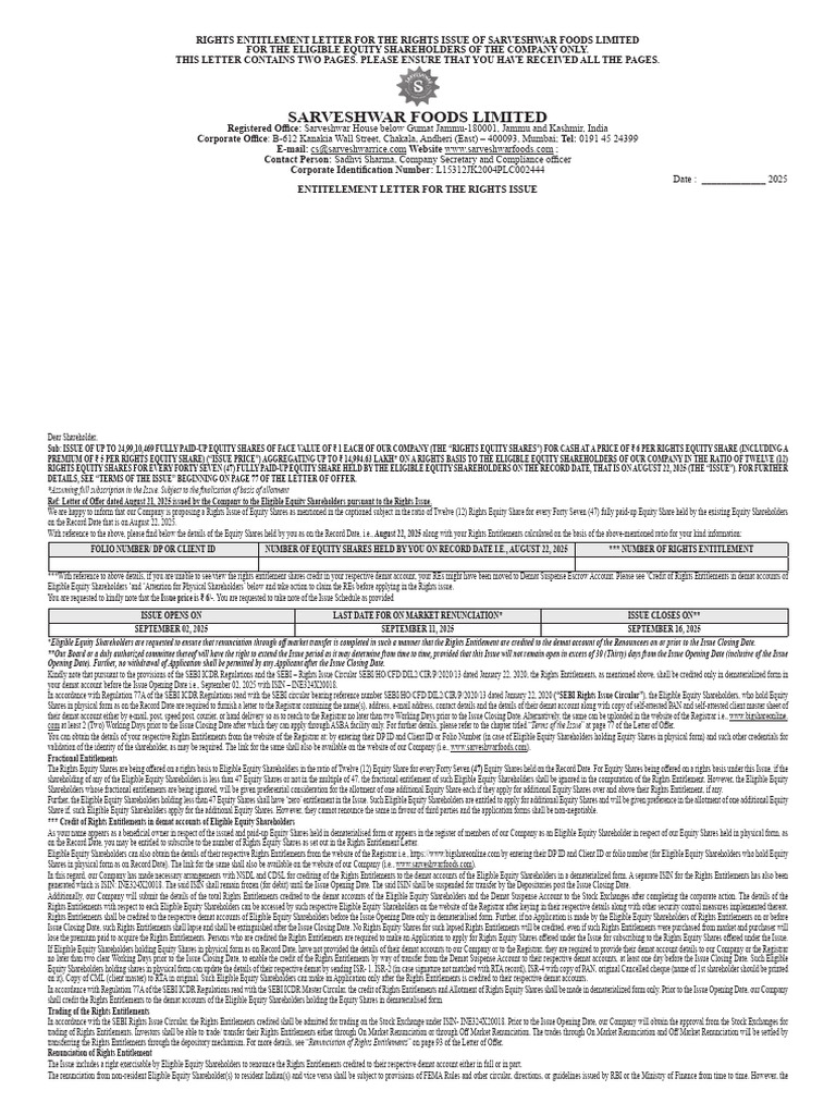Sarveshwar Foods Rights Issue Letter | PDF | Equity (Finance) | Stocks
