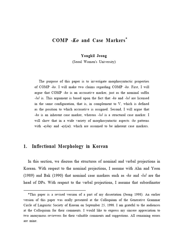 COMP -ko as Accusative Case Marker | PDF | Morphology (Linguistics ...