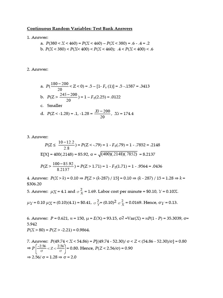 Continuous Random Variables Test Bank | PDF | Statistical Theory