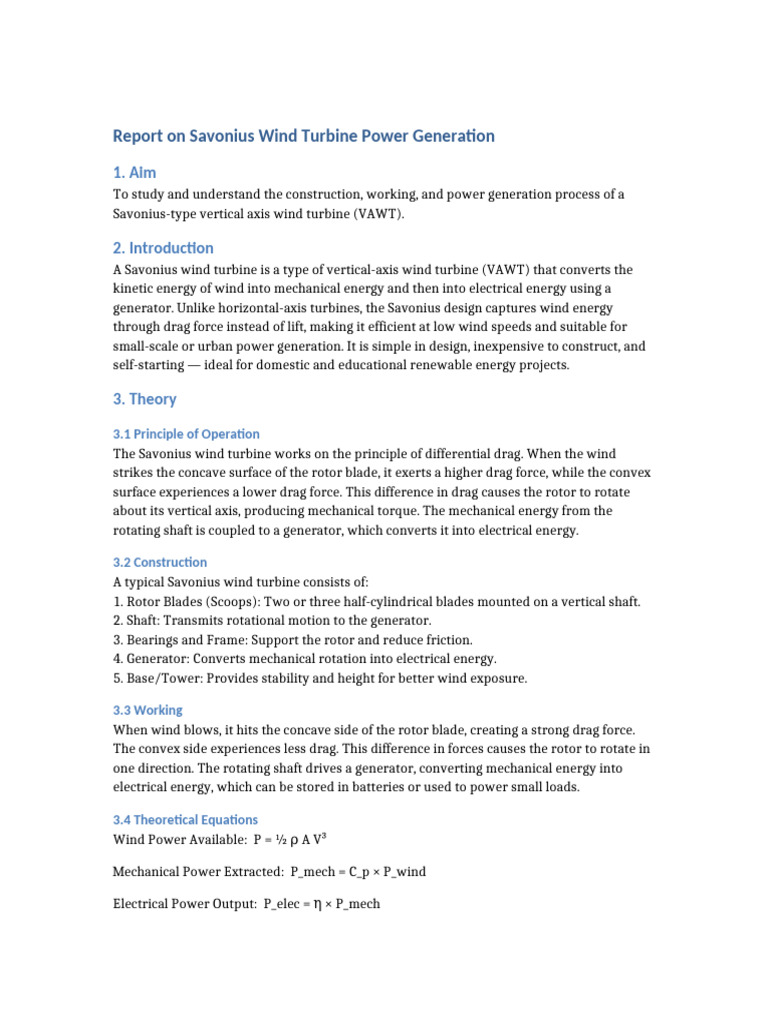 Savonius Wind Turbine Power Generation Report | PDF | Wind Turbine ...